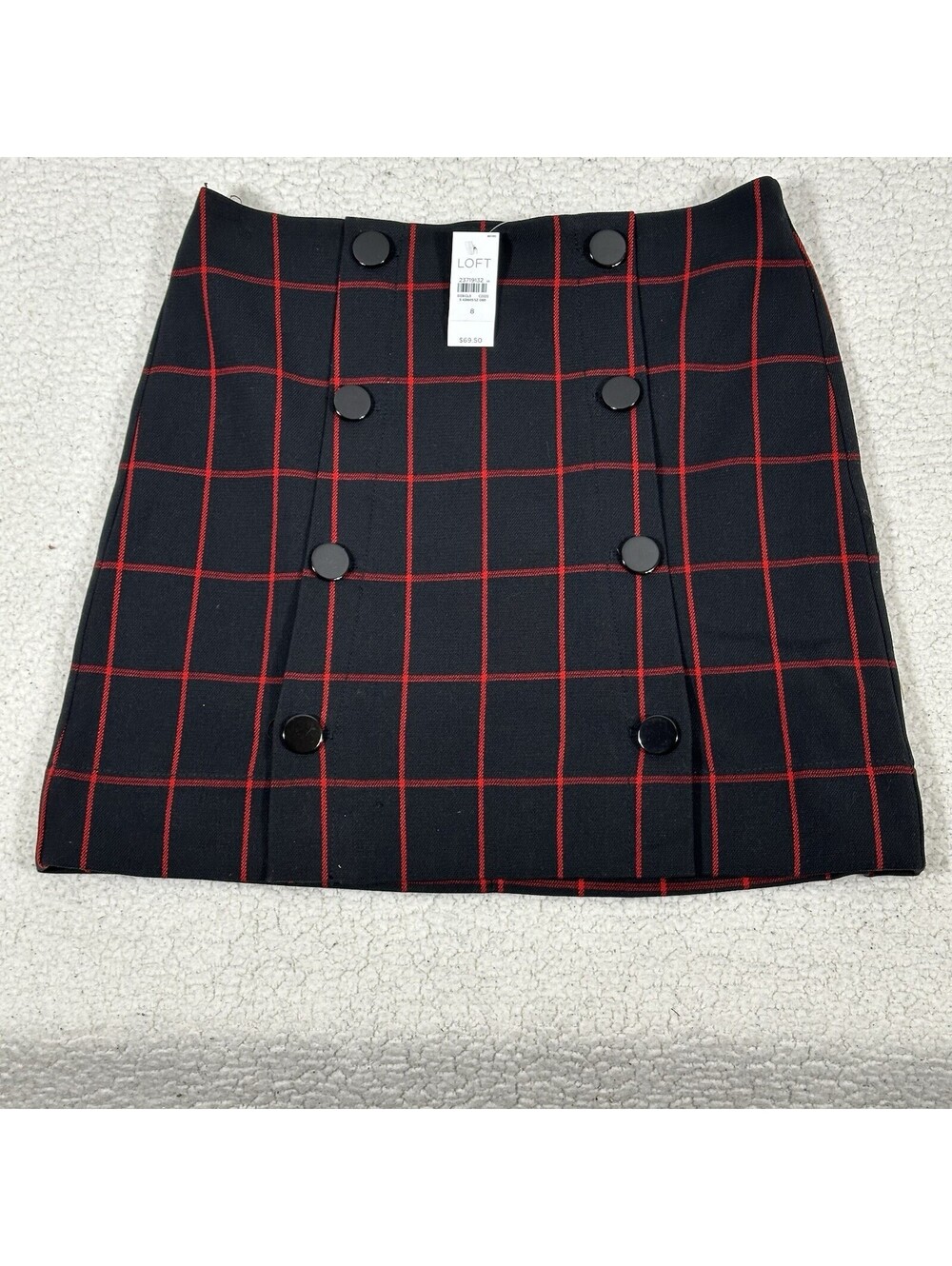 LOFT Women's Size 8 Black Red Windowpane Plaid Button Accent Front Mini Skirt